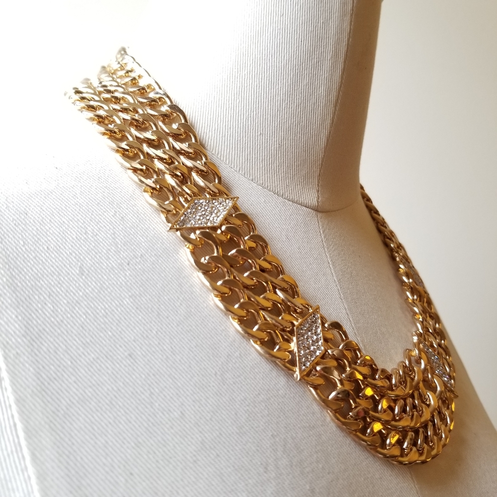 Gold Multi Chain Rhinestone Statement Necklace - image 4